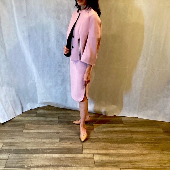 NWOT! MARNI 2 PC. PINK DRESS & BLZR. GREAT 3-SEASON SUIT. Maroon & Black Piping. - Picture 2 of 16